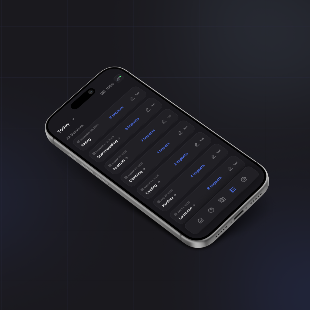 Illustrative Phreno app: session history across skiing, football, cycling, and other sports