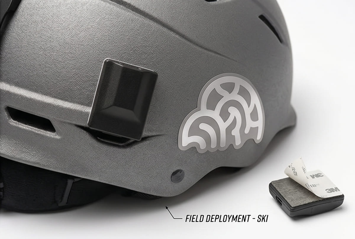 Phreno sensor mounted on a ski helmet beside a loose sensor and adhesive pad